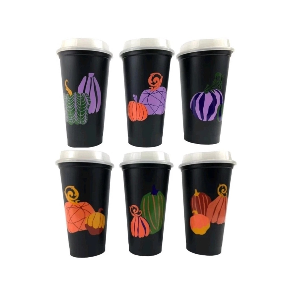 Starbucks 2021 Reusable Hot Cups - 6 Pack Pumpkins w/Glow in Dark Lids 16 oz.